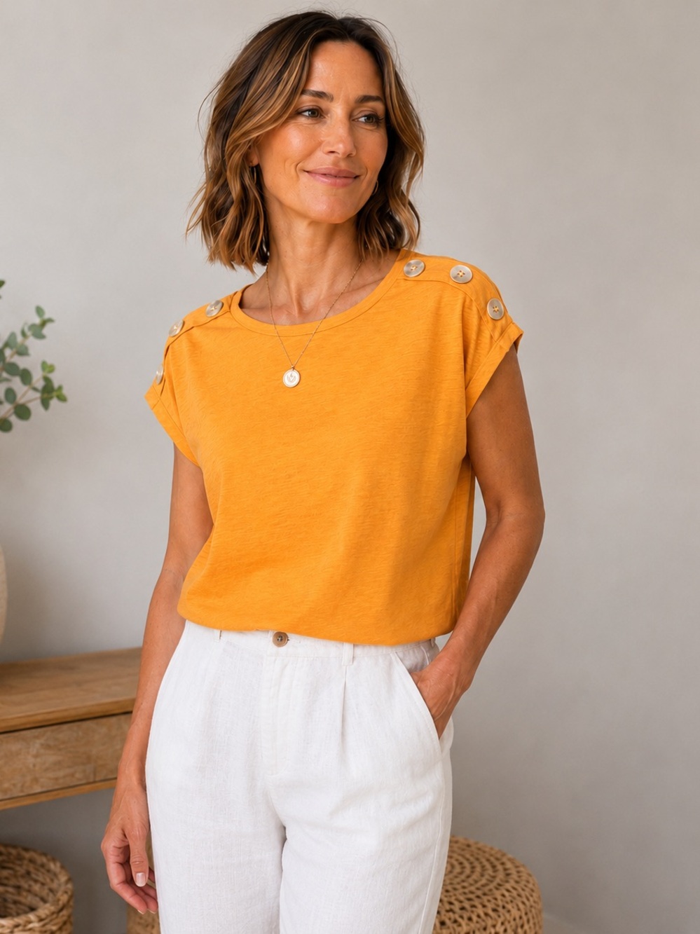 Yest Netherlands Orange Button Shoulder Cotton Top Coastal Chic Size 6